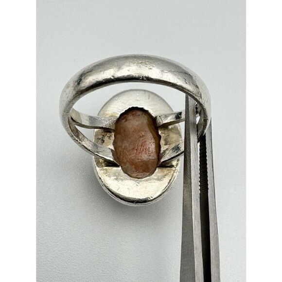 Vintage Sterling Silver Natural Stone Pale Pink Peach Cabochon Ring Size 6 - Picture 7 of 10